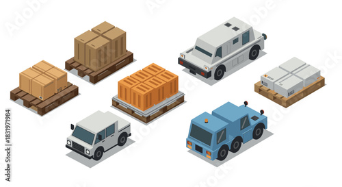 Isometric cargo transportation with trucks and pallets