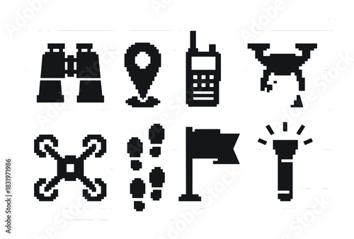 Pixel art icons: binoculars, map pin, walkie-talkie, drone, footsteps, flag, flashlight