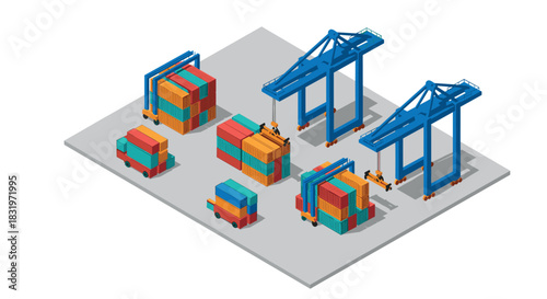 Isometric port scene with shipping containers, cranes, and trucks