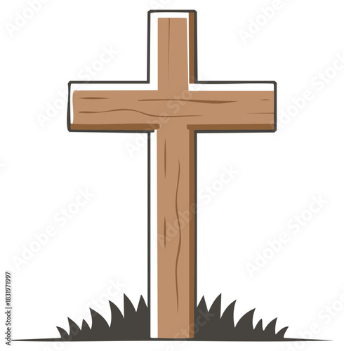 Simple Wooden Cross with Grass Isolated Illustration for Religious Themes