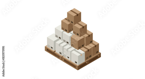 Isometric stack of cardboard boxes on wooden pallet for efficient shipping and storage