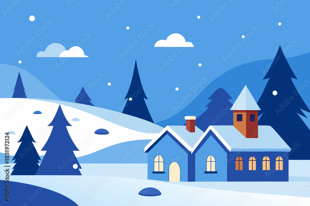 Fototapeta premium Winter snowy village cartoon background simple vector illustration