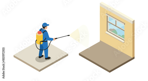 Pest control worker spraying pesticide in isometric indoor scene illustration