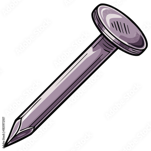 Detailed cartoon metal nail object with a wide head and pointed tip for construction