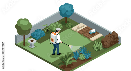 Isometric garden maintenance with worker spraying plants in green space