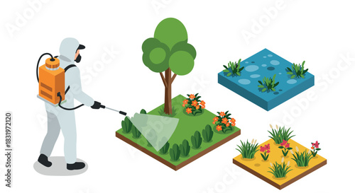 Gardener in protective gear spraying plants with pesticide in isometric garden scene