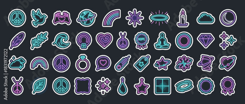 Peace and harmony icons set. containing peace sign, dove, heart, rainbow, meditation, wave, star, and more. Vector collection