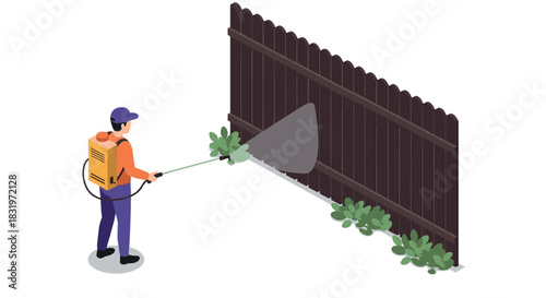 Gardener spraying fence with herbicide in isometric style