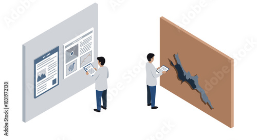 Isometric design of data and exploration concepts with professionals analyzing displays