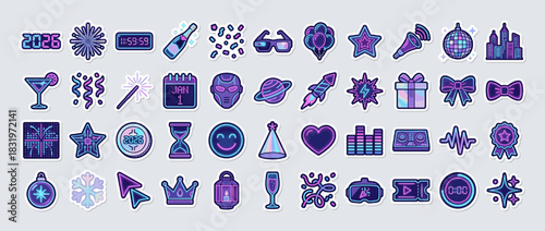 New year's eve icon set. containing fireworks, champagne, clock, gift, cityscape, party hat, and more. Vector collection