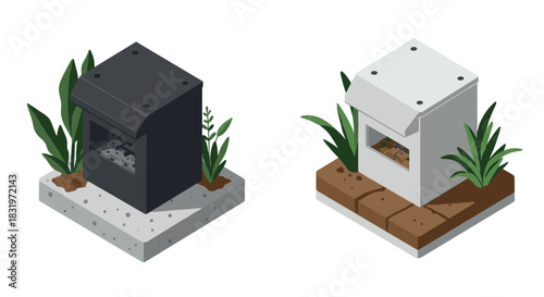 Modern isometric mailbox planters with greenery on a white background