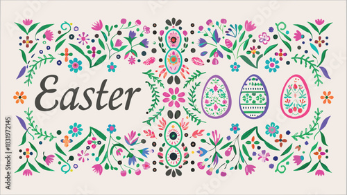 Hand drawn watercolor easter greeting card with colorful floral ornaments and decorative eggs featuring the word easter in elegant script