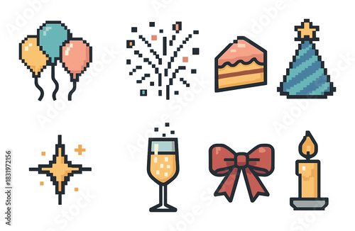 Festive icons: balloons, fireworks, cake, party hat, star, champagne, bow, candle