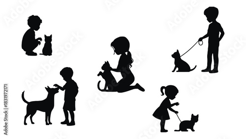 Silhouette kids with pets vector graphic design illustration