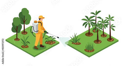 Isometric gardening: worker spraying pesticide on plants
