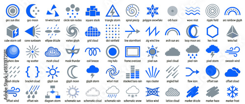 Weather and geometric icon set. containing sun, moon, wind, wave, storm, cloud, rain, haze, snow, and more. Vector collection