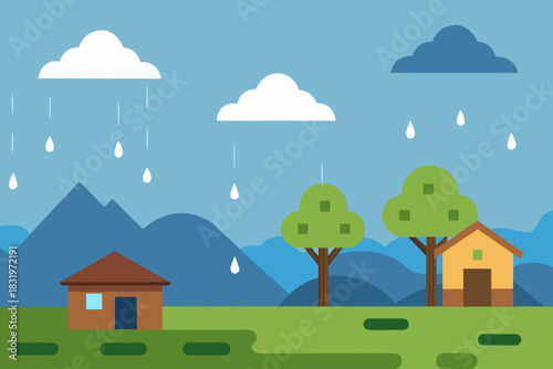 Rainy monsoon village cartoon background simple vector illustration