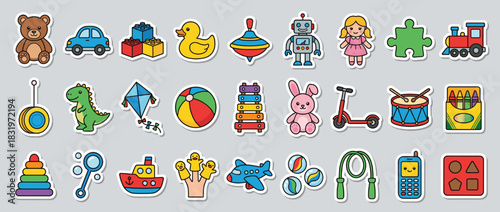 Toy icon set. containing teddy bear, car, blocks, duck, spinning top, robot, doll, puzzle, train and more. Vector collection
