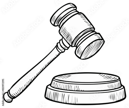 Legal gavel and sound block line art drawing illustration representing justice, law, and court decisions