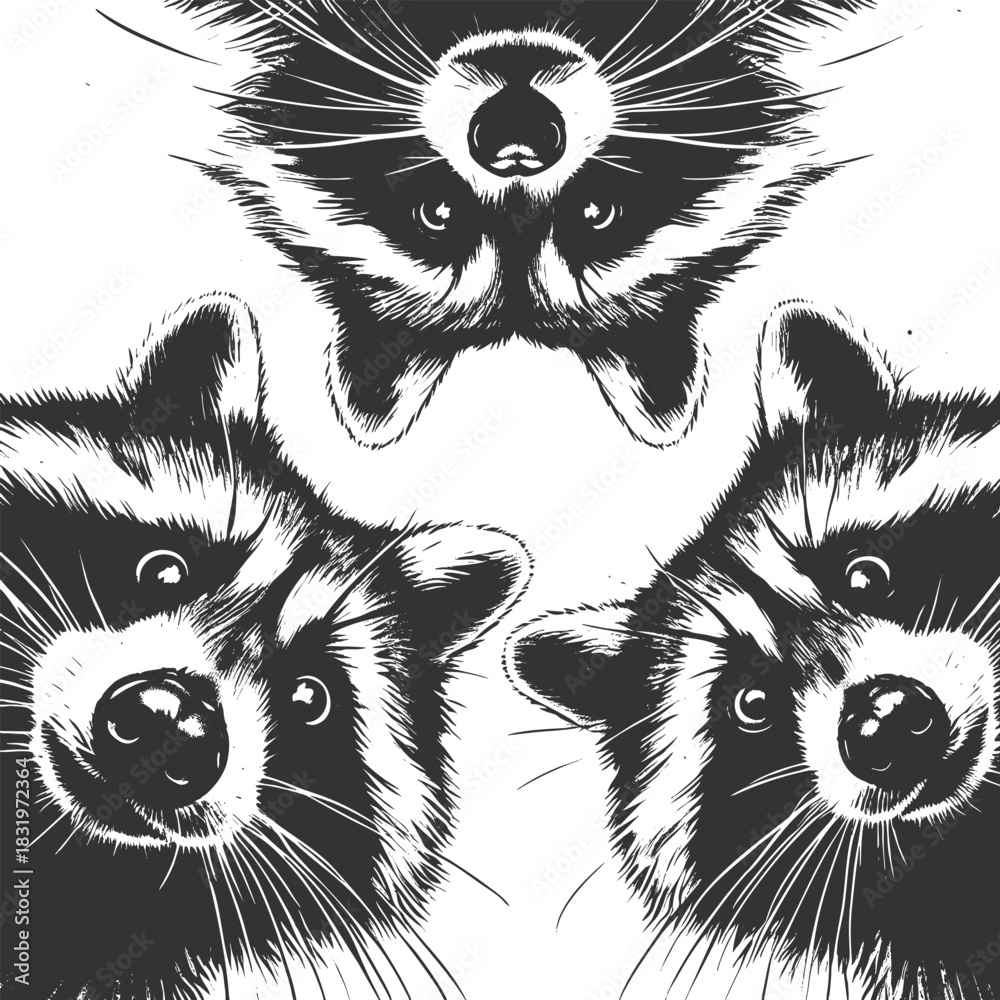 Naklejka premium three raccoons peering downward with wide-eyed expressions, ideal for humor or wildlife themes sketch engraving generative ai vector illustration. Scratch board imitation. Black and white image.
