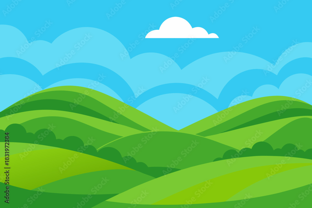 Fototapeta premium Rolling green hills under a blue sky simple vector illustration