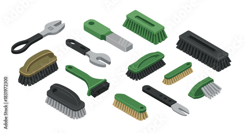 Isometric set of diverse cleaning brushes and tools on white background
