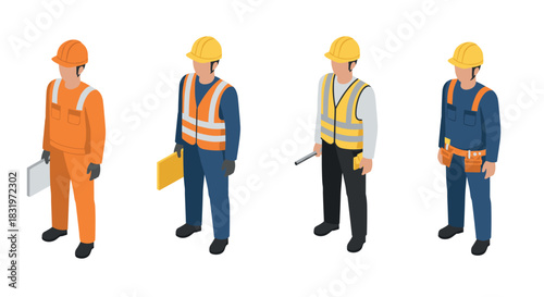 Construction workers in safety gear isometric design on white background
