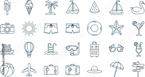 Outline icons representing summer vacation and travel activities and objects vector illustration