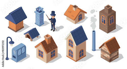 Isometric chimney sweep scene with various house roofs and chimneys