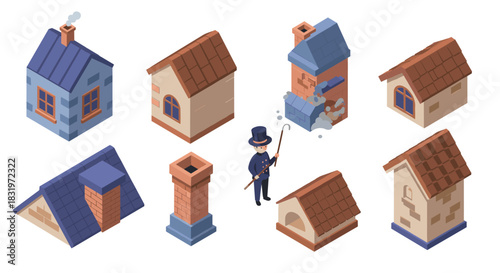 Chimney sweep and diverse house roofs in isometric design