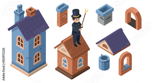 Chimney sweep isometric illustration with house and roof elements