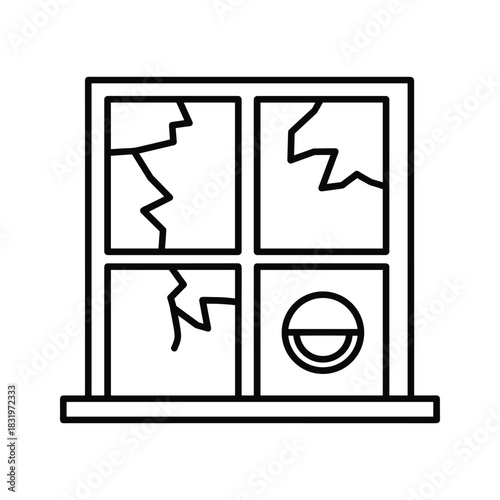 Outline icon of a broken window pane with a small round window