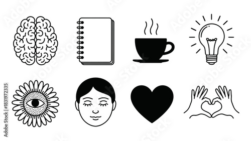 Collection of flat design icons representing ideas, creativity, health, knowledge, and emotions, perfect for presentations.