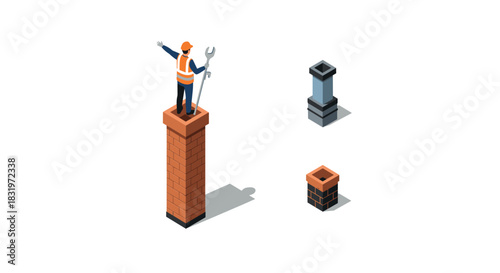 Isometric construction worker on chimney with tools and brick structures