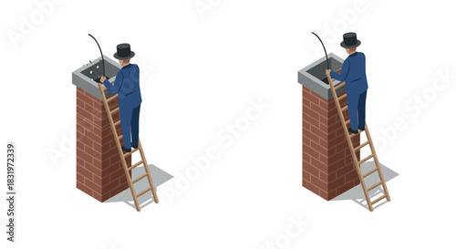 Isometric chimney sweep climbing ladder in traditional attire on brick chimney
