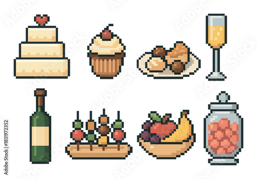 Pixel art desserts and drinks: cakes, wine, fruit, and candy