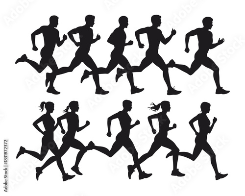 Group of diverse people running in unison, athletic silhouettes capturing motion and fitness, representing teamwork and sports competition.