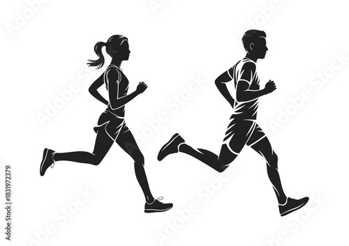 Silhouette of a man and woman running side by side, conveying fitness, speed, and a shared healthy lifestyle activity in motion.