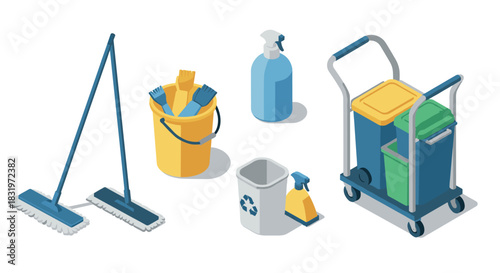 Isometric cleaning tools and equipment set for commercial spaces