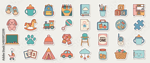 Baby and toddler icons set. containing toys, shoes, sippy cup, backpack, crayons, abc blocks, high chair, puzzle, and more. Vector collection