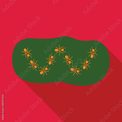 Red ants forming a trail on a green surface against a red background, showing teamwork