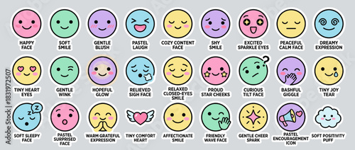 Emoji icon set: happy, blush, laugh, sparkle, calm, dreamy, heart eyes, wink, glow, sigh, sleep, curious. Vector collection