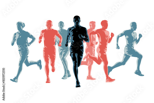 Athletic runners in silhouette, diverse colors, demonstrating motion, speed, and competition on a white background, perfect for sports.