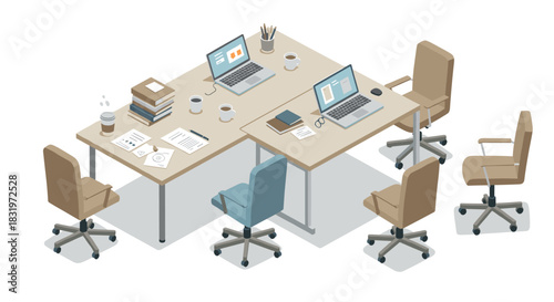 Modern office workspace isometric design with desks, chairs, and laptops
