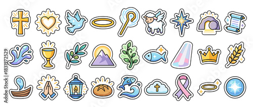 Religious icon set. containing cross, dove, halo, star, chalice, mountain, olive branch, fish, crown, angel, prayer and more. Vector collection