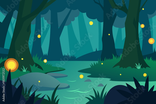Enchanted swamp filled with fireflies simple vector illustration