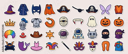 Costume icon set. containing witch, superhero, pirate, butterfly, pumpkin, crown, ghost, clown, wizard and more. Vector collection