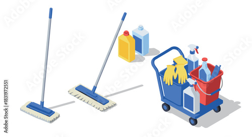 Efficient cleaning tools and supplies in isometric style for home and office maintenance