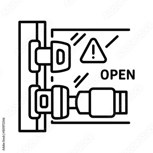 Line icon representing an open door hinge mechanism with warning sign