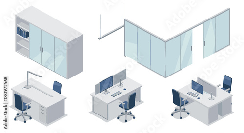 Office furniture set with desks, chairs, and cabinets in modern isometric design